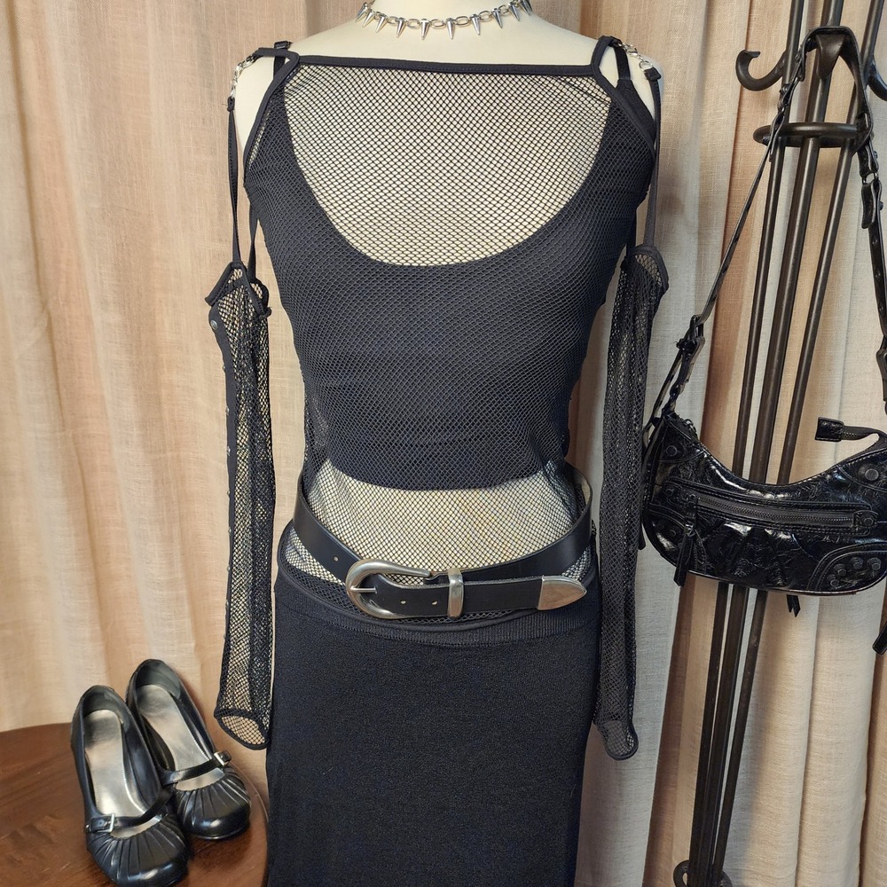 Lip Service Women Large Black Fishnet Studded Transformer Top Detachable Sleeve